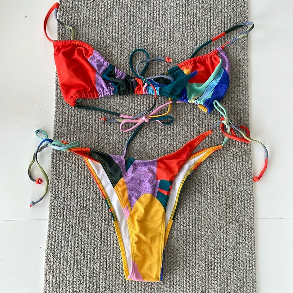Zaful Purple Orange 80’s Graphic Print Bikini Set Size XL